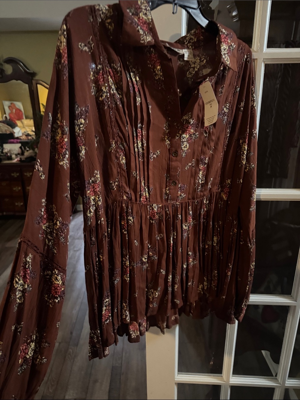 New!Floral Pintuck Peplum Tunic in Brown